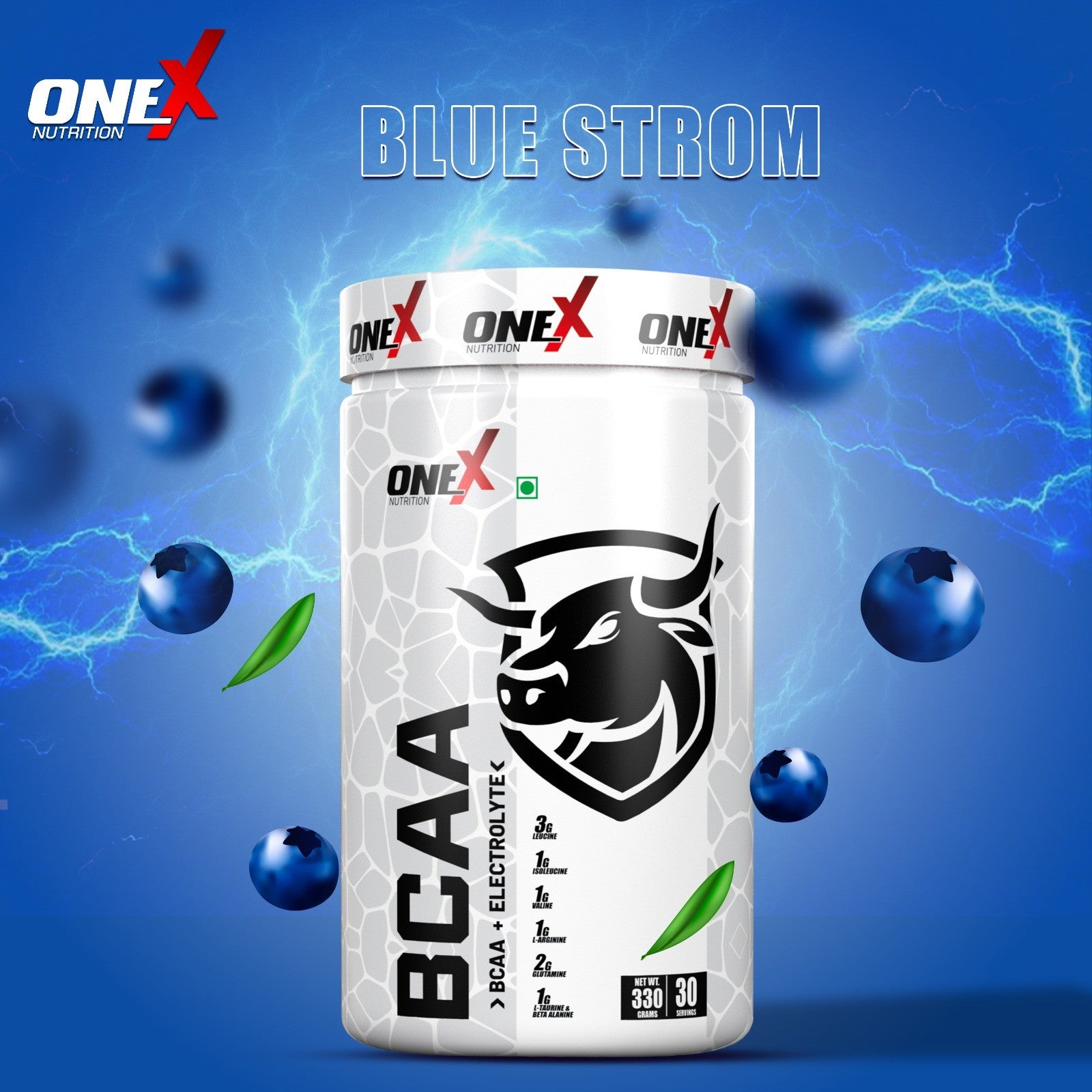 A vibrant blue concoction with a storm of tropical fruit flavors.